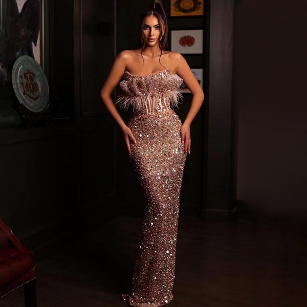 Feather Beaded Sequined Cutout Mesh Strapless Dress
