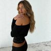 Womens Solid-Color Off-Shoulder Batwing Sleeve Lace-Patchwork Top