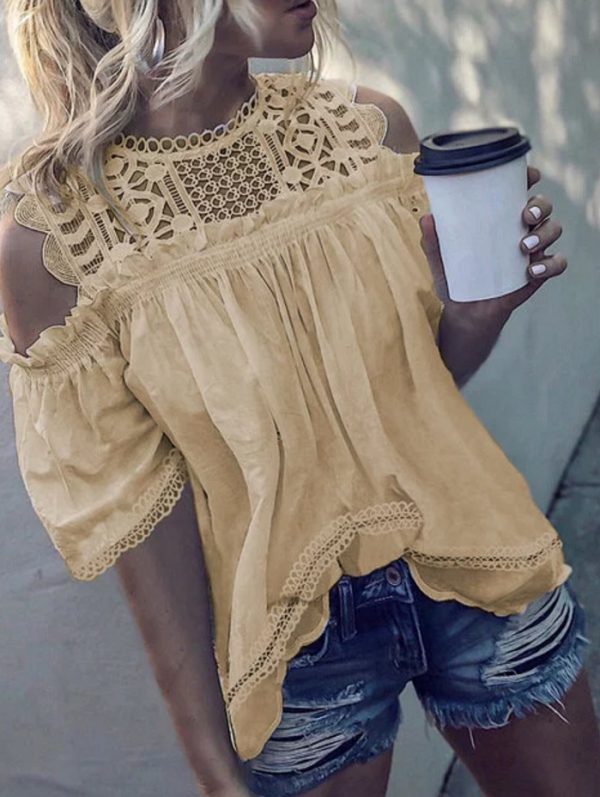 Off-shoulder Hollow-out Three-quarter Sleeve Shirt