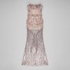 Feather Beaded Sequined Cutout Mesh Strapless Dress