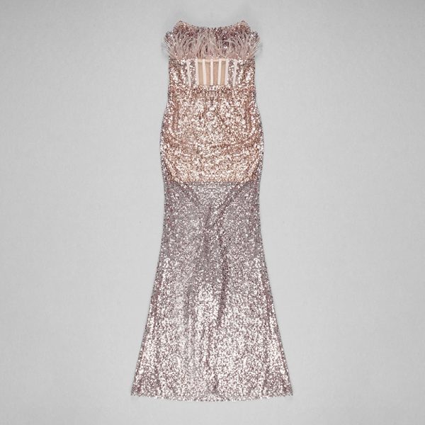 Feather Beaded Sequined Cutout Mesh Strapless Dress