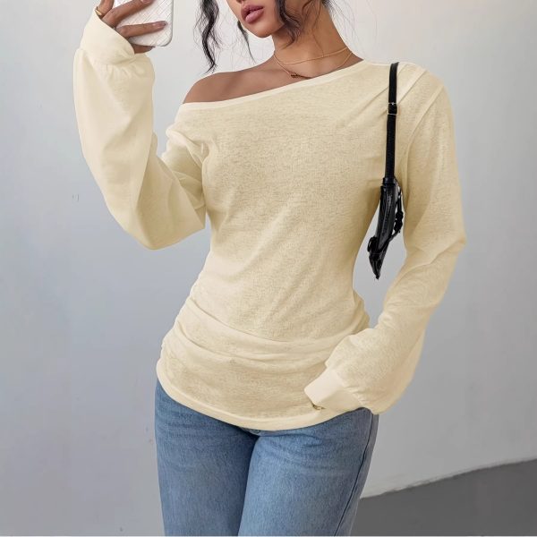 Solid-color Slash-neck Long-sleeve T-shirt