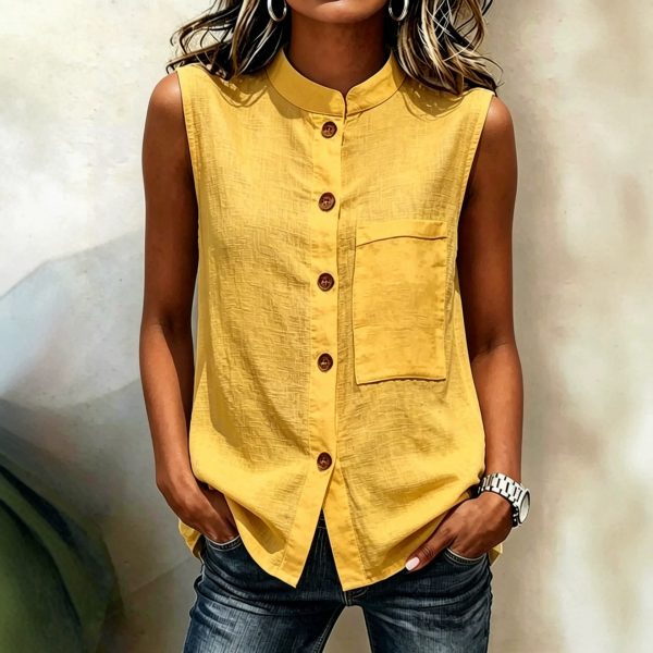 Fashionable Casual Solid-color Top With Buttoned Pockets