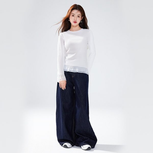 Women's Pure Cotton Ruffle-Trimmed Long-Sleeve Base Shirt