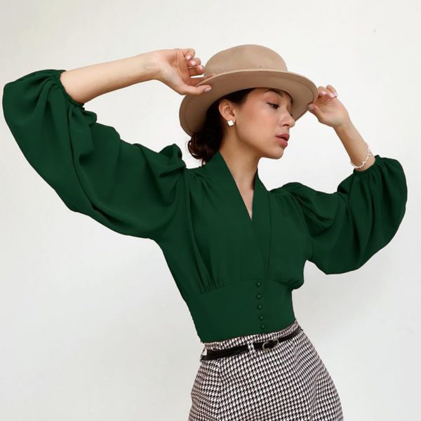 V-neck Top French-style Long-sleeve Work Shirt
