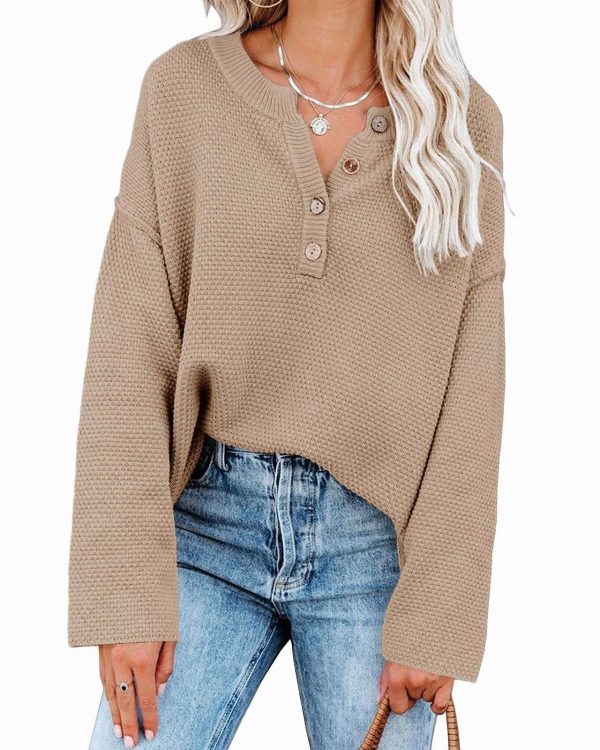 Solid Color Pullover V-Neck Knitted Sweater Womens