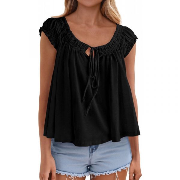 Lace-up Ruffle-Trimmed Shirt Summer New Style Fashionable Pleated Top
