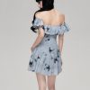 French Retro Gentle Off-shoulder Butterfly Print Dress