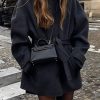 Womens Wool Coat With Belt Mock Neck And Solid Color