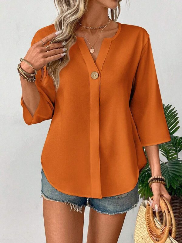 Loose-fitting Solid-color Casual Shirt With A Small V-neck And Buttons