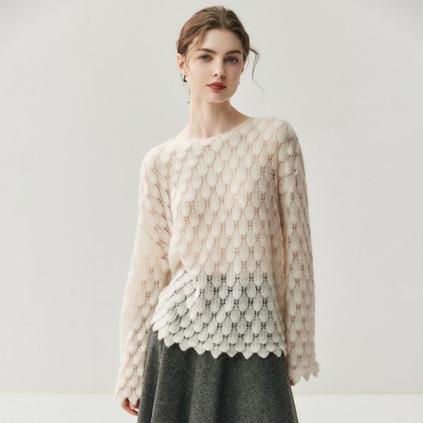Cashmere Knit Sweater Womens Top With Hollow-out Feather Design