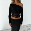 Womens Solid-Color Off-Shoulder Batwing Sleeve Lace-Patchwork Top