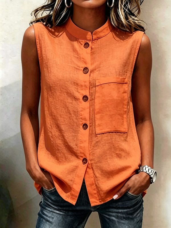Fashionable Casual Solid-color Top With Buttoned Pockets