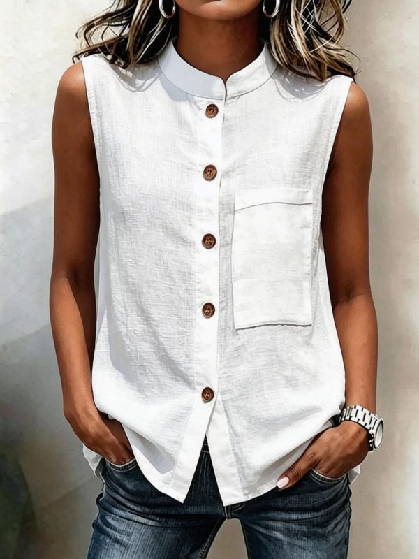 Fashionable Casual Solid-color Top With Buttoned Pockets