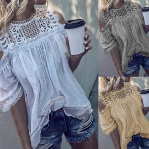 Off-shoulder Hollow-out Three-quarter Sleeve Shirt