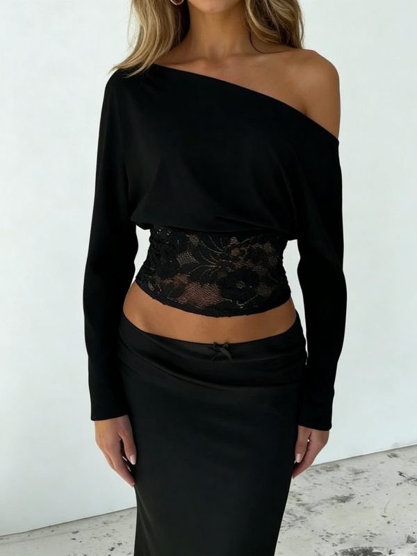 Womens Solid-Color Off-Shoulder Batwing Sleeve Lace-Patchwork Top
