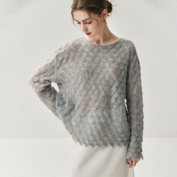 Cashmere Knit Sweater Womens Top With Hollow-out Feather Design