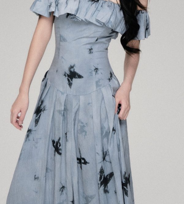 French Retro Gentle Off-shoulder Butterfly Print Dress