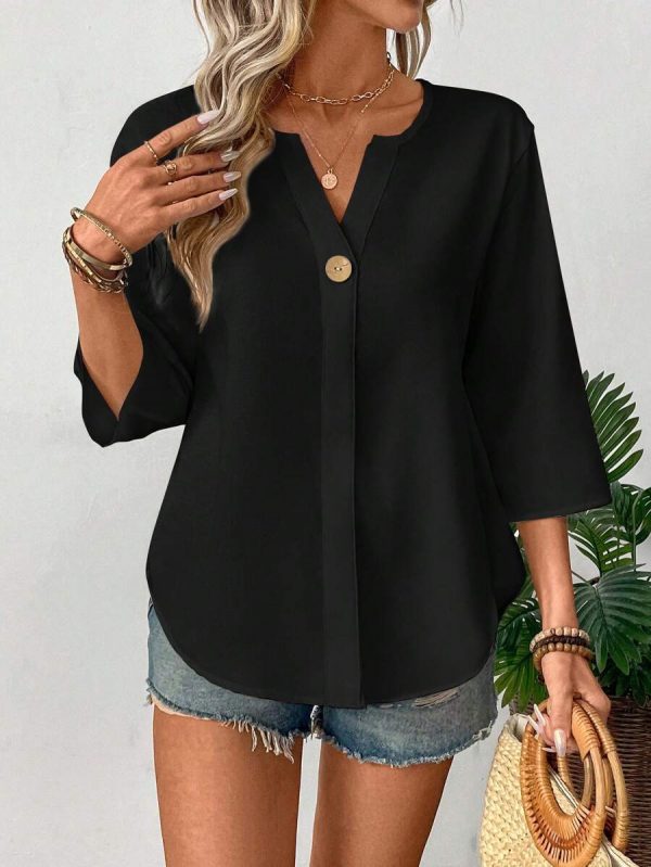 Loose-fitting Solid-color Casual Shirt With A Small V-neck And Buttons