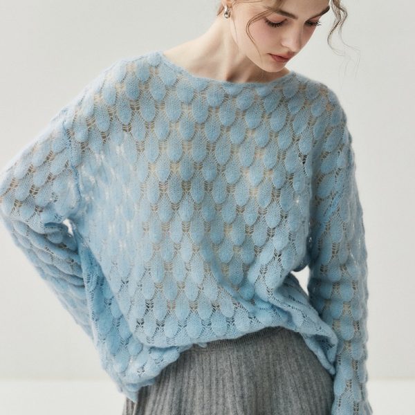 Cashmere Knit Sweater Womens Top With Hollow-out Feather Design